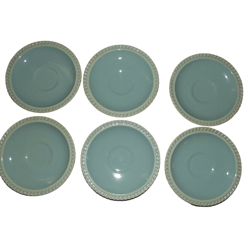 Harkerware Saucers Lot of 6 Vintage Pottery Chesterson Blue White 6-1/4"